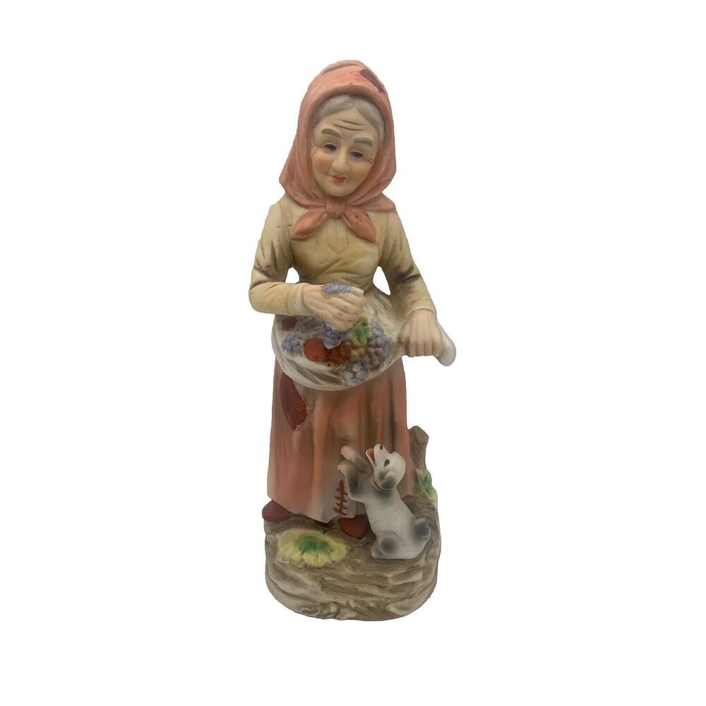 Vintage Homco Figurine Old Lady Woman Gathering Fruit Grapes with Puppy Dog 8"